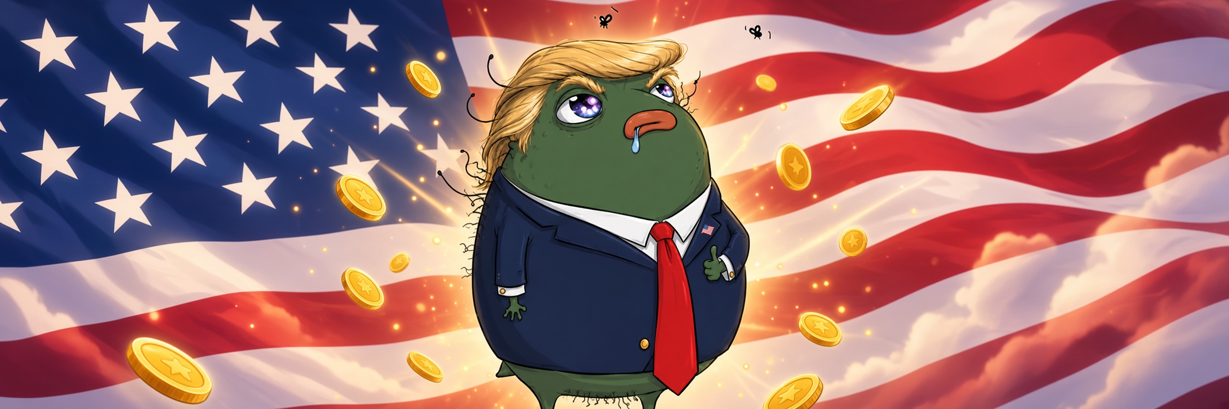 Trump The Pistacio in front of the American flag with gold coins